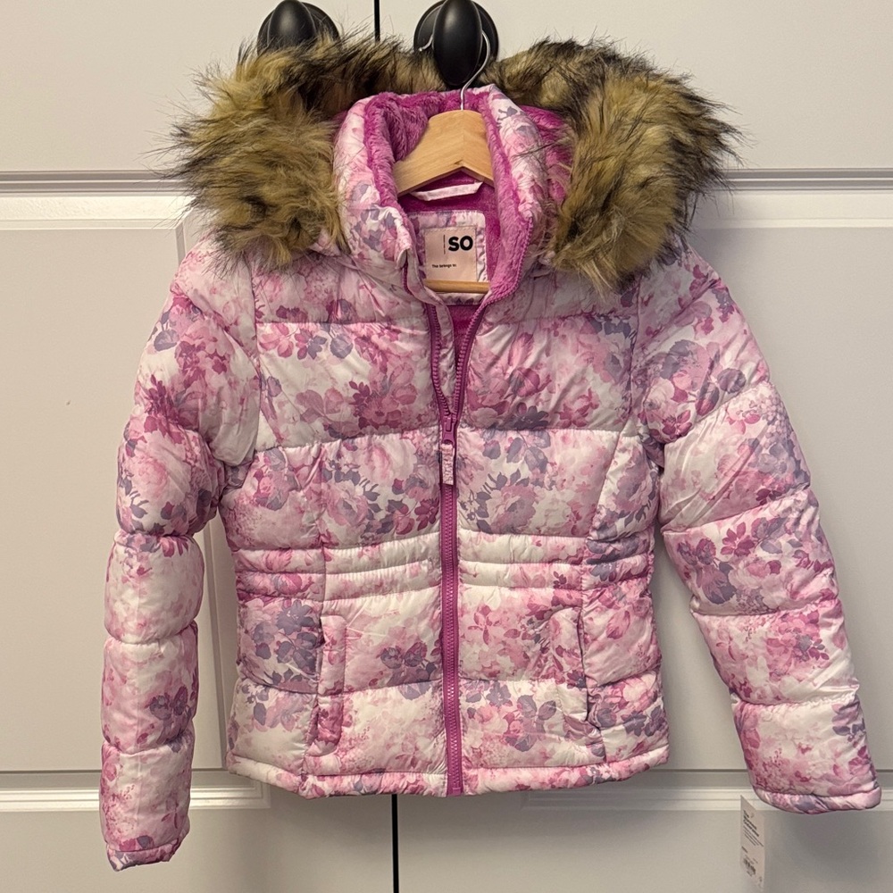 SO Pink Floral Puffer Jacket with Faux Fur